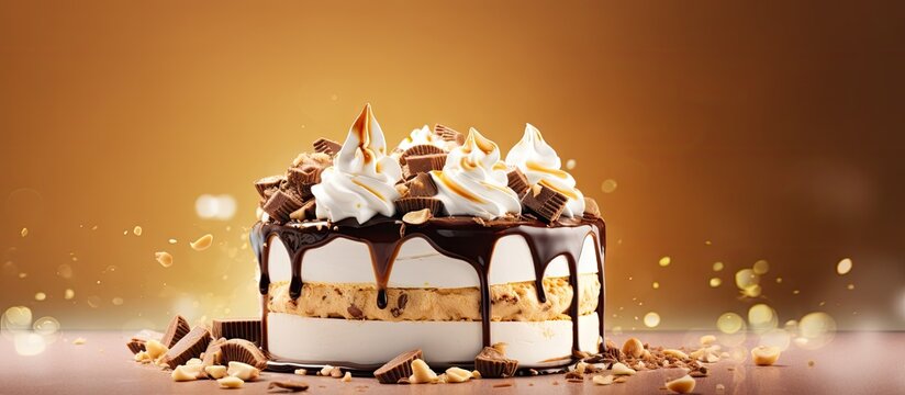 Ice cream cake with marshmallows and peanuts topped with chocolate syrup. Website header. Creative Banner. Copyspace image