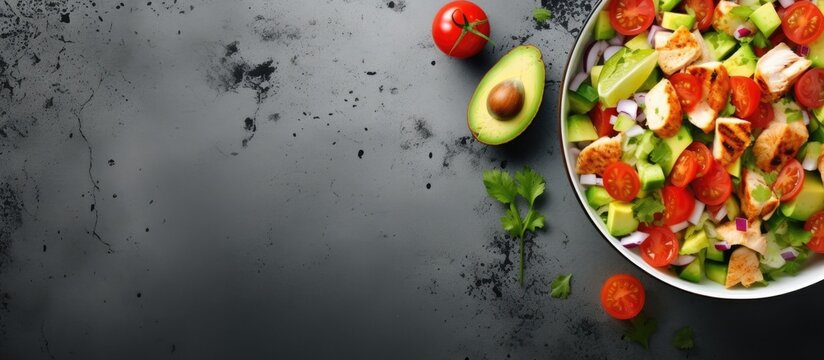 Poke bowl with lettuce tomatoes cucumbers chicken fillet corn and grated parmesan on gray stone surface. Website header. Creative Banner. Copyspace image