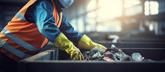 Hands in gloves of a uniformed employee sort garbage into categories on a special line at a waste recycling plant. Website header. Creative Banner. Copyspace image - obrazy, fototapety, plakaty