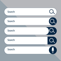 Various search bar templates. For Internet browser engine with search box, address bar and text field. UI design, website interface element with web icons and push button. Vector illustration - obrazy, fototapety, plakaty
