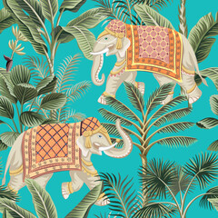 Indian elephant, palm tree, banana tree, tropical plant seamless pattern. Jungle wallpaper.