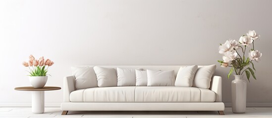 luxury white sofa in living room with bouquet of flower in vase at home. Website header. Creative Banner. Copyspace image