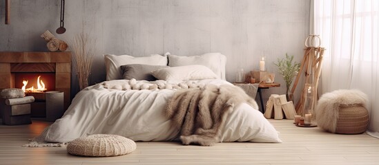 Modern scandi boho style bedroom interior with decorative pillows wicker hat fruits and open book on bed macrame decorations and dreamcatcher hanging on wall panel Light warm home atmosphere