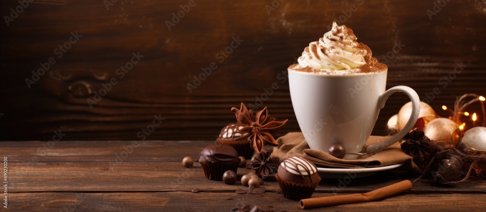 Poster glass of hot chocolate with whipped cream and truffles on an old brown table copy space. website hea