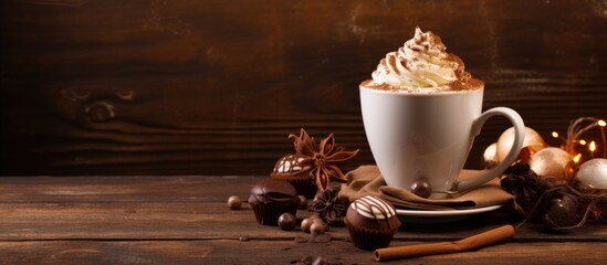 Glass of hot chocolate with whipped cream and truffles on an old brown table Copy space. Website...