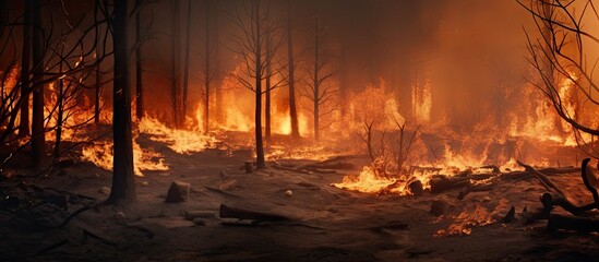 Landscape view of a burned forest victim of a recent fire. Website header. Creative Banner. Copyspace image