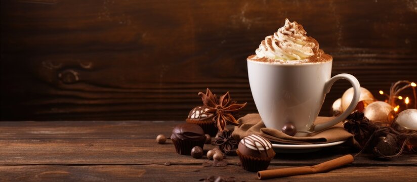 Glass of hot chocolate with whipped cream and truffles on an old brown table Copy space. Website header. Creative Banner. Copyspace image