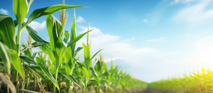 Maize seedling in the agricultural garden with blue sky. Website header. Creative Banner. Copyspace image