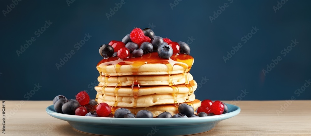 Poster pile of pancakes with red currants blueberries and honey on a grey plate with fork. website header. 