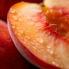 Macro view of a fresh juicy organic peach slice with water droplets shot in a food studio
