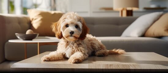 Photo of a cute puppy sitting on a coffee table in an apartment living room. Website header. Creative Banner. Copyspace image - obrazy, fototapety, plakaty