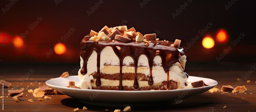 Poster ice cream cake with marshmallows and peanuts topped with chocolate syrup. website header. creative b