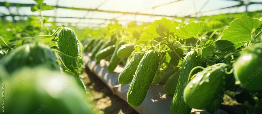 Poster greenhouse with rows of ripe cucumber plants. website header. creative banner. copyspace image