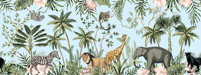 African elephant, lion, giraffe, panther, zebra, monkey, sloth, palms, banana trees, palm leaves, hibiscus flower mural. Jungle landscape. - obrazy, fototapety, plakaty