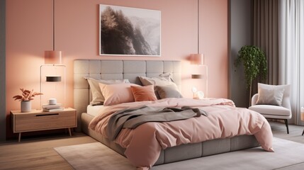 Bedroom with minimal elements, harmoniously combines modernity and coziness with a bright shade of Peach Fuzz included in the decor. This combination creates a cozy and stylish atmosphere.