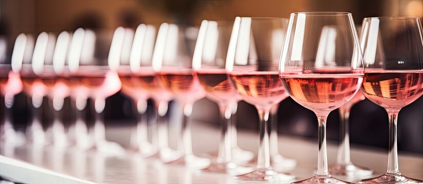 Glasses of rose wine seen during a friendly party of a celebration. Website header. Creative Banner. Copyspace image