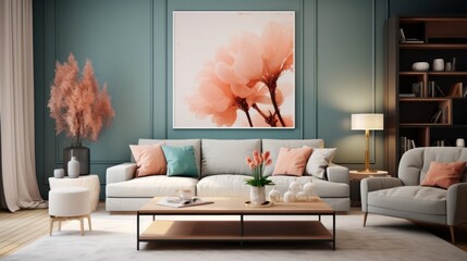 Living room with minimal elements, harmoniously combines modernity and coziness with a bright shade of Peach Fuzz included in the decor. This combination creates a cozy and stylish atmosphere.