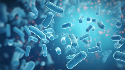 Lactic Acid Bacteria Genome Database, Light blue theme showcasing Lactobacillus and Bifidobacterium under microscope with flying capsule molecules, AI Generated - obrazy, fototapety, plakaty