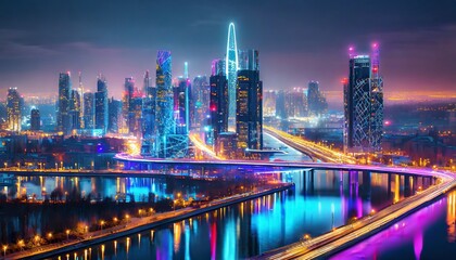Fototapeta na wymiar futuristic city with advanced structures and neon-colored roads; night view, lights reflected in the river surface of a large metropolis