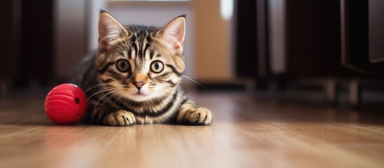 Grey tabby cat with pretty striped markings lying indoors on a wooden floor with a red stuffed toy lifting its head to look at the camera. Website header. Creative Banner. Copyspace image - Powered by Adobe