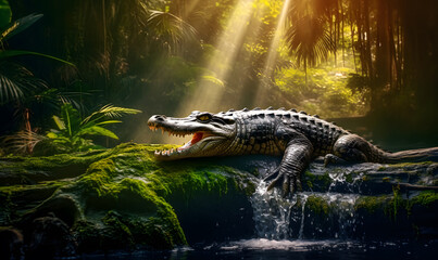 Crocodile in the water. Close-up of a crocodile. - obrazy, fototapety, plakaty