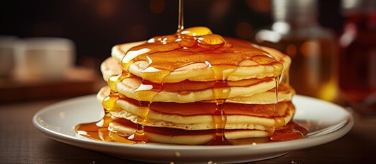 Fluffy buttermilk pancakes with butter and maple syrup. Website header. Creative Banner. Copyspace image - obrazy, fototapety, plakaty