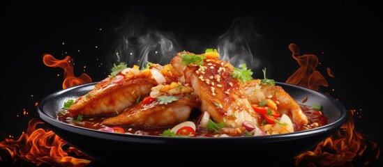 Portion of cooked walleye fish with sweet and sour sauce. Website header. Creative Banner. Copyspace image