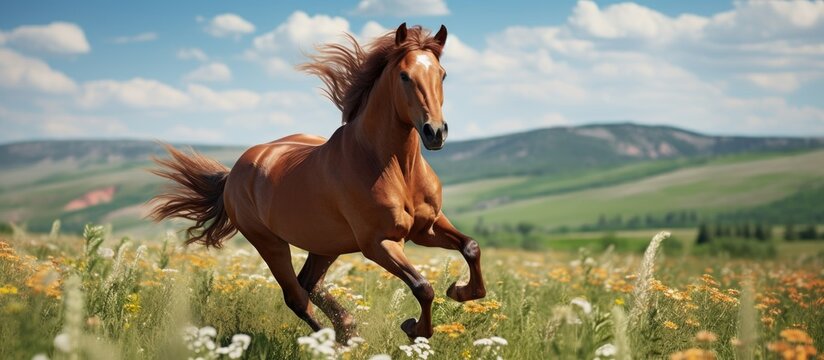 Happy foal running in the field in summer. Website header. Creative Banner. Copyspace image