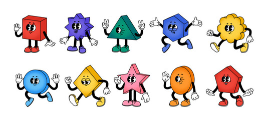 Retro abstract characters. Cartoon funny geometric shapes with hands and legs. Comic geometry figures walking, jumping. Groovy star, square and triangle. Vector set