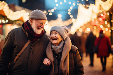 Elderly couple walks Christmas market