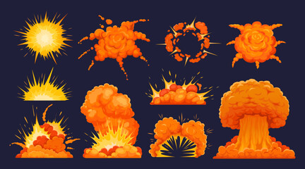 Bomb explosion. Cartoon dynamite explosions effect, fire and explosive clouds. Destruction bombs flame. Comic danger boom clouds for digital game. Vector set - obrazy, fototapety, plakaty