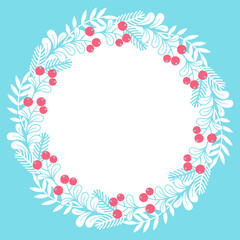 Hand drawn vector illustration. Christmas card with round stylized mistletoe wreath with copy space for text