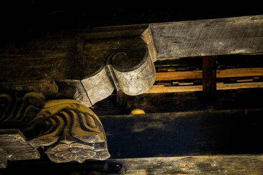 Famous ancient wood carvings at Embekke Temple near Kandy SriLanka