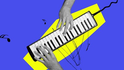 Human hands paying piano against blue yellow background. Musician. Talent expression. Stop motion, animation. Concept of y2k style, retro items, vintage, creativity, imagination, surrealism.