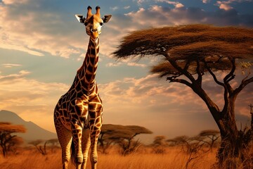 Africa background, giraffe in the savannah, tree in the savannah. create using a generative AI tool 