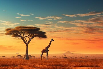 Fototapeta na wymiar Africa background, giraffe in the savannah, tree in the savannah. create using a generative AI tool 