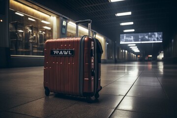 A suitcase in an airport with the word travel on it. create using a generative AI tool 