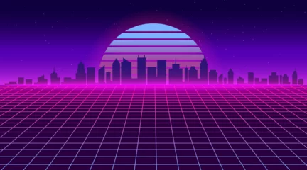 Foto op Plexiglas Futuristic city landscape. Retro 80s grid background with skyscrapers. 1980s neon game wireframe wallpaper. Sunset city backdrop with building silhouettes. Vector illustration © Foxy Fox