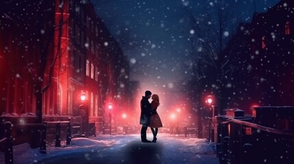 Fototapeta na wymiar Beautiful couple in love, Congratulations on February 14, romantic setting, in the night city