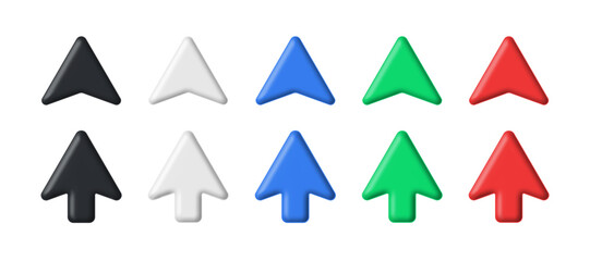 3d arrows. Realistic device multicolor pointers, 3d mouse cursor ui icons. Black and white, red and blue, green arrow interface symbols isolated vector set