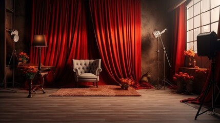 Studio with red curtains and a large window, with all accessories, an armchair, without people, a studio for photographers