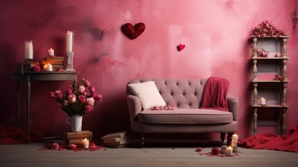 Studio for Valentine's Day with a pink background with all the gifts, a sofa, an armchair and hearts, no people, space for text.