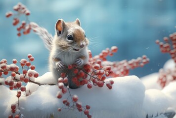 small squirrel sitting on top of snow berries in winter