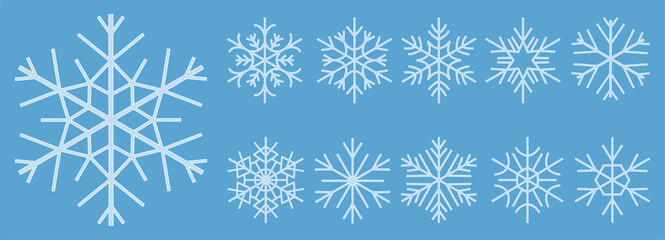Fototapeta na wymiar Cute snowflakes collection isolated on blue background. Flat snow icons, silhouette. Nice element for Christmas banner, cards. New year ornament.