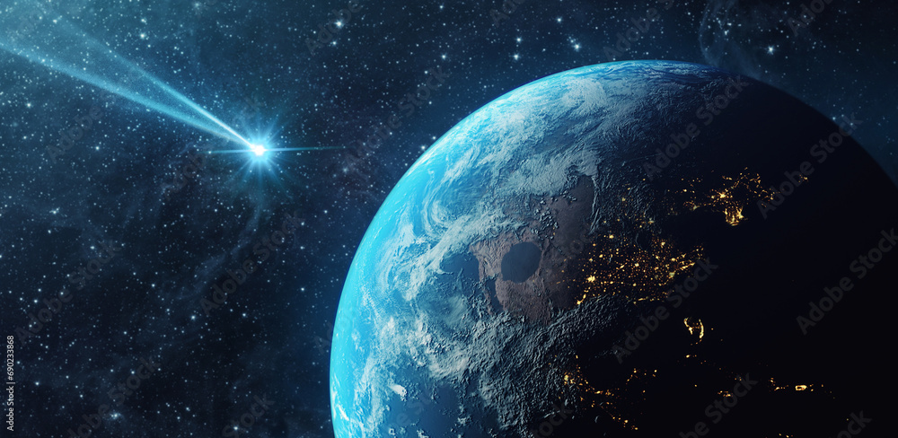 Wall mural comet, asteroid, meteorite flying to the planet earth. glowing asteroid and tail of a falling comet 