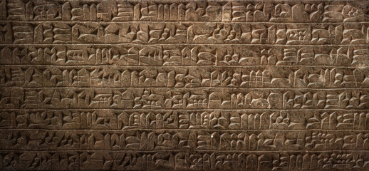 Ancient cuneiform Sumerian text. Historical background on the theme of civilizations of Assyria, Mesopotamia, Babylon, interfluve, Sumerian. Ancient archaeological background. - obrazy, fototapety, plakaty