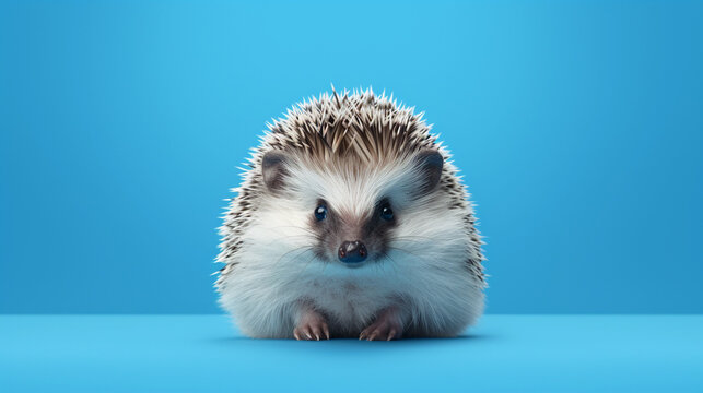 African Hedgehog is running on isolated on blue cyan background
