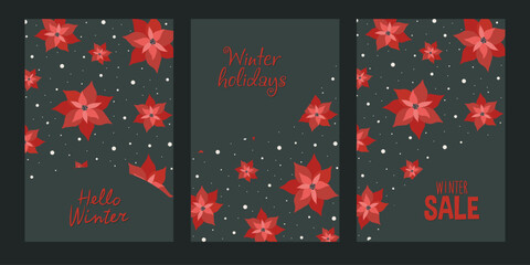 Set of greeting cards. Postcards with winter flowers and twigs. Hello winter.  New Year cards. A set of postcards on Christmas and New Year themes. 