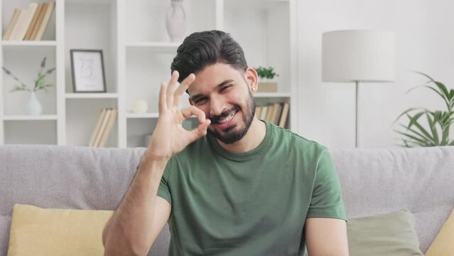 Positive bearded man doing ok sign with fingers in approvement while sitting on couch and smiling at camera. Indian guy in casual wear approving good choice with hands gesture at home.