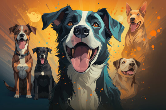A diverse group of happy dogs, representing various breeds, comes together. Ideal for advertising businesses related to dogs.